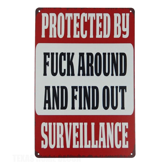 Protected By F*CK Around And Find Out Surveillance Tin Metal Sign 11 3/4 in
