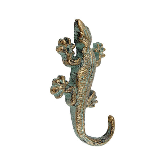 Green Gold Cast Iron Lizard Wall Hook Gecko Key Coat Towel Hanger Bathroom Decor