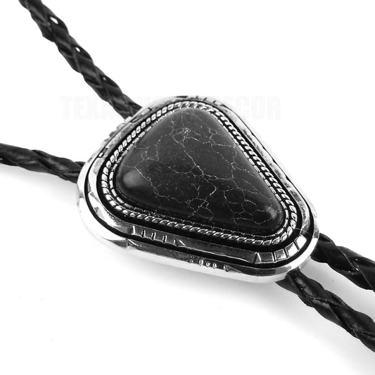 Teardrop Natural Real Black Pine Stone Bolo Tie 40" Adjustable Leather Cord