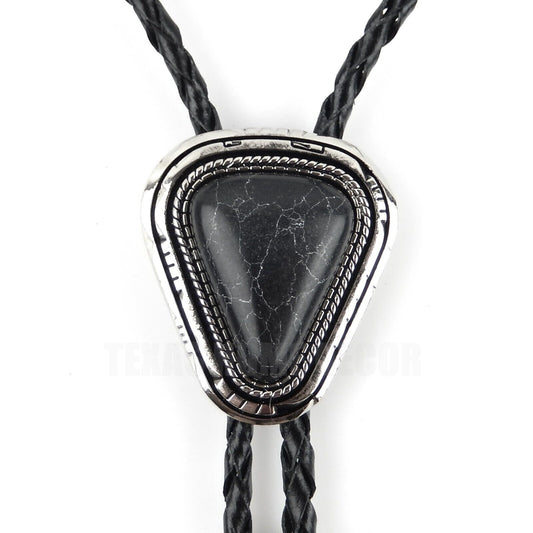Teardrop Natural Real Black Pine Stone Bolo Tie 40" Adjustable Leather Cord