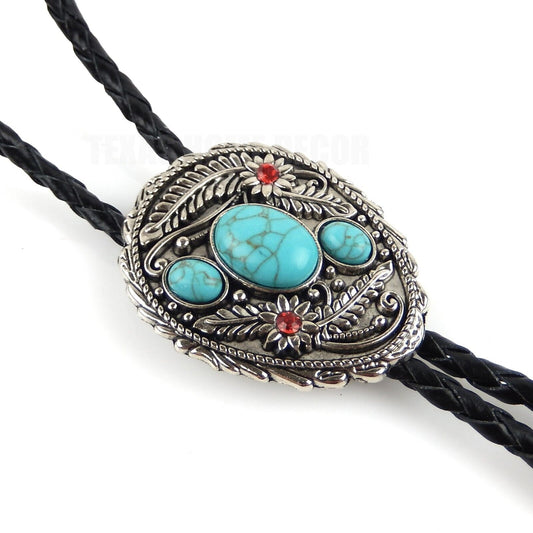 Turquoise Stones Bolo Tie Floral Red Rhinestones 40" Genuine Leather Cord