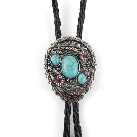 Turquoise Stones Bolo Tie Floral Red Rhinestones 40" Genuine Leather Cord