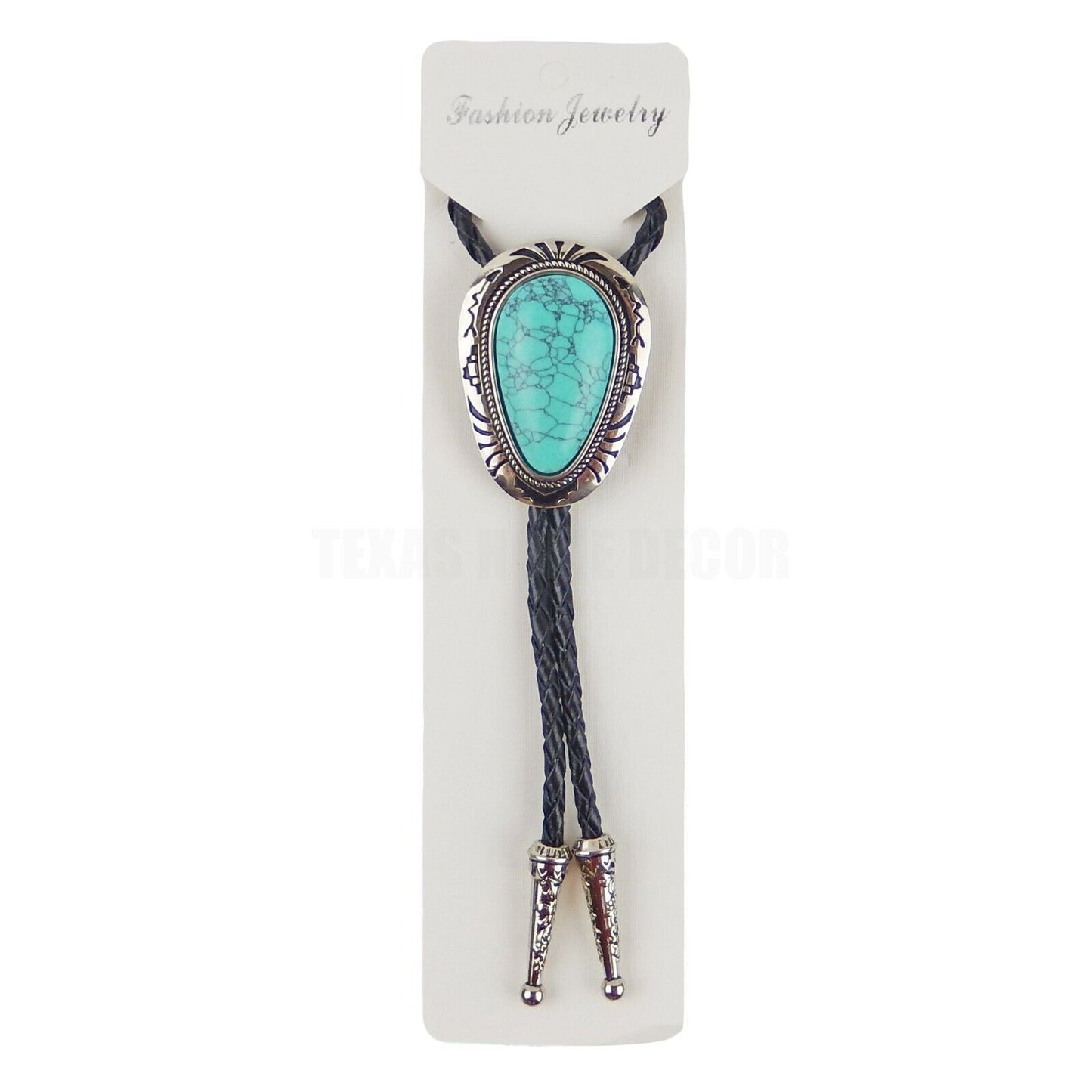 Teardrop Turquoise Stone Bolo Tie 40 inch Leather Cord Tribal Carved Pendant