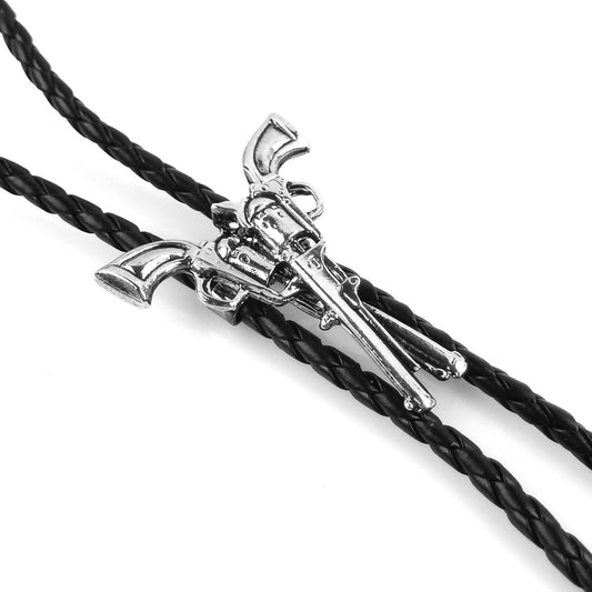 Crossed Guns Bolo Tie Western Pistols Silver Tone 36" Braided Faux Leather Cord