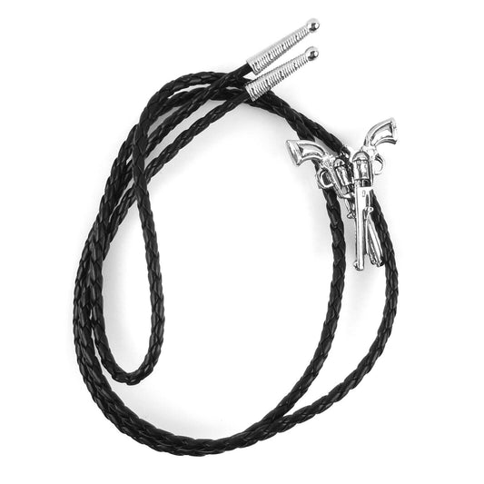 Crossed Guns Bolo Tie Western Pistols Silver Tone 36" Braided Faux Leather Cord