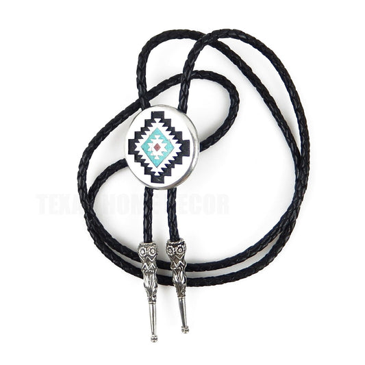 Aztec Circle Geometric Bolo Tie Turquoise Coral Inlay 38 inch Adjustable Cord