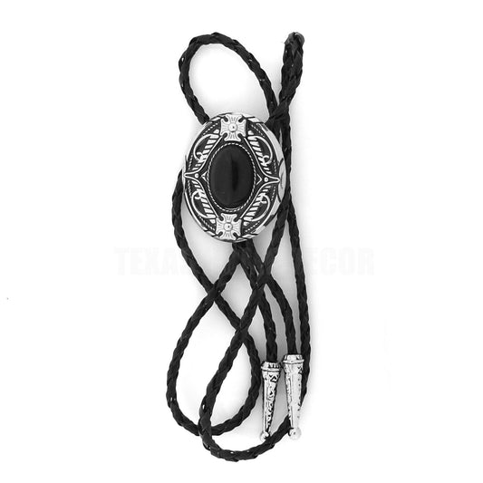 Black Agate Natural Stone Bolo Tie Maltese Cross 40" Genuine Black Leather Cord