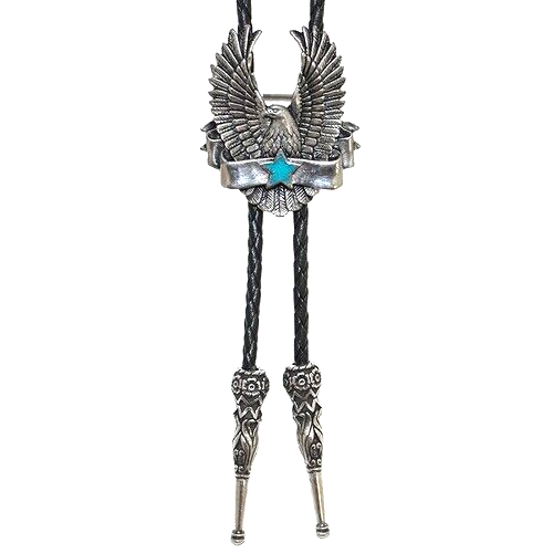 Eagle Bolo Tie Turquoise Star Detailed Tips Adjustable 38" Cord USA Made