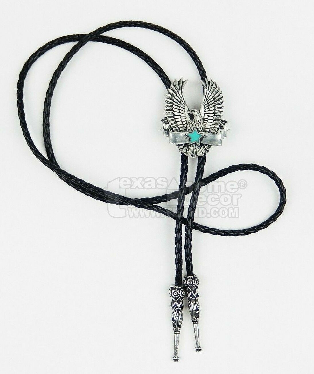 Eagle Bolo Tie Turquoise Star Detailed Tips Adjustable 38" Cord USA Made