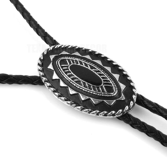 Oval Tribal Bolo Tie Real Silver Plated 36" Faux Leather Black Cord Made In USA
