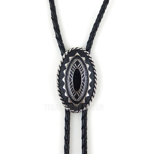 Oval Tribal Bolo Tie Real Silver Plated 36" Faux Leather Black Cord Made In USA