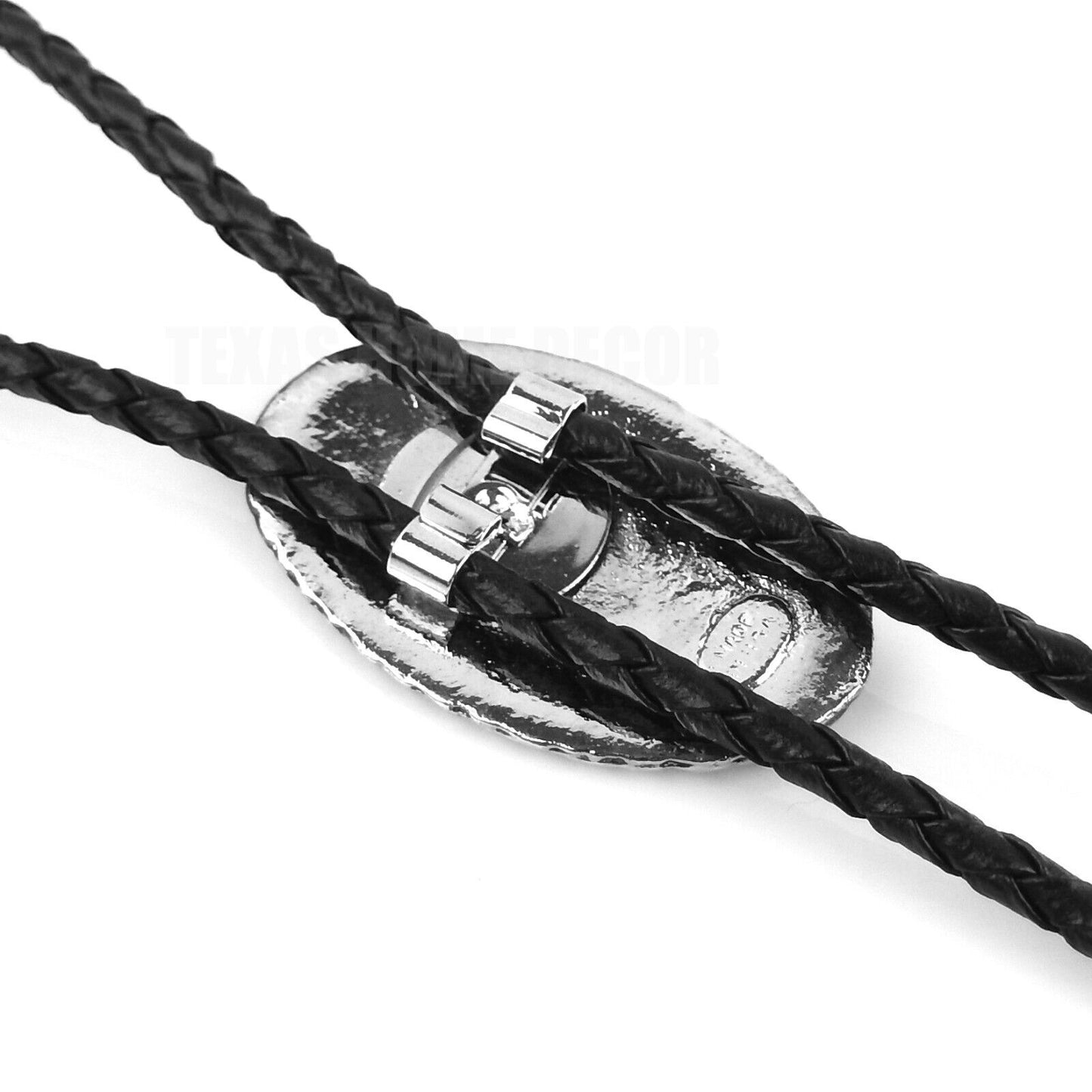 Oval Tribal Bolo Tie Real Silver Plated 36" Faux Leather Black Cord Made In USA