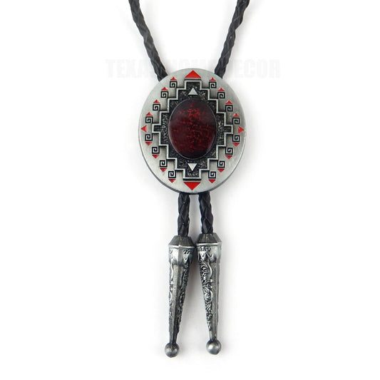 Red Oval Bolo Tie 40" Adjustable Genuine Leather Cord Enamel Antique Silver Tone