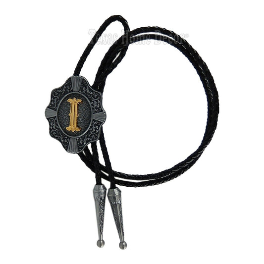 Initial Letter "I" Bolo Tie Western 38" Genuine  Leather Cord Detailed Tips
