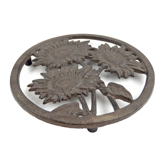 Cast Iron Sunflower Hot Pot Hot Plate Trivet Kitchen Decor Rustic Brown 7 inch