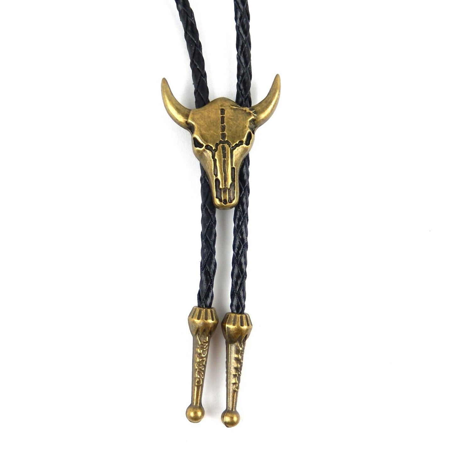 Western Cow Skull Steer Head Bolo Tie Antique Bronze 40 in Genuine Leather Cord