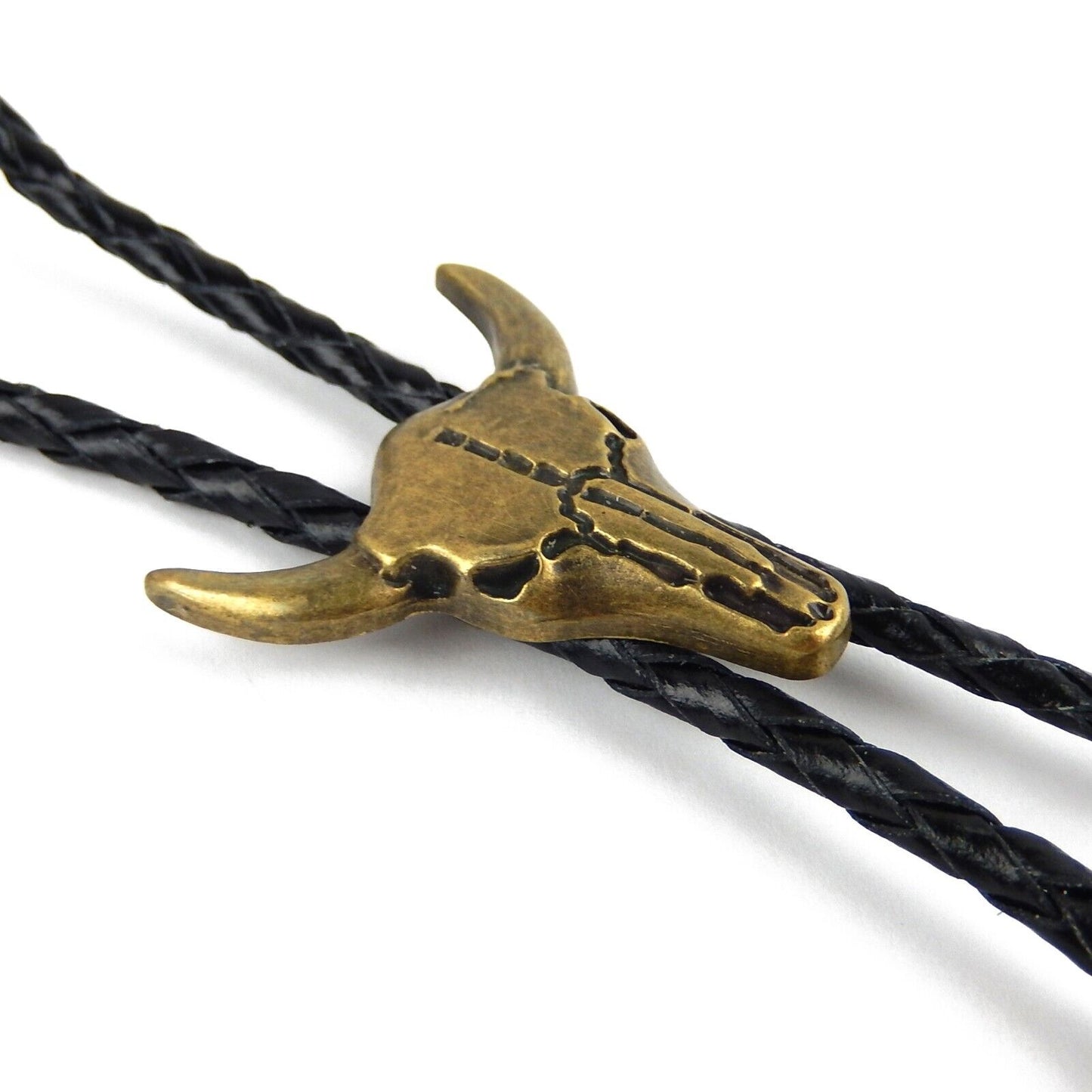 Western Cow Skull Steer Head Bolo Tie Antique Bronze 40 in Genuine Leather Cord