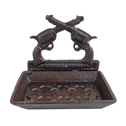 Cast Iron Crossed Pistols Stars Soap Dish Holder Rustic Western Bathroom Decor