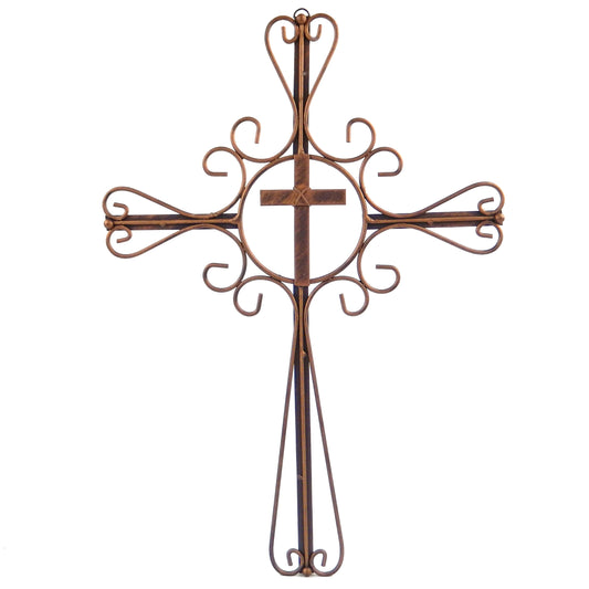 Metal Scrolls Wall Cross Brushed Copper Finish Ornate Curly Design 17 1/2 inch