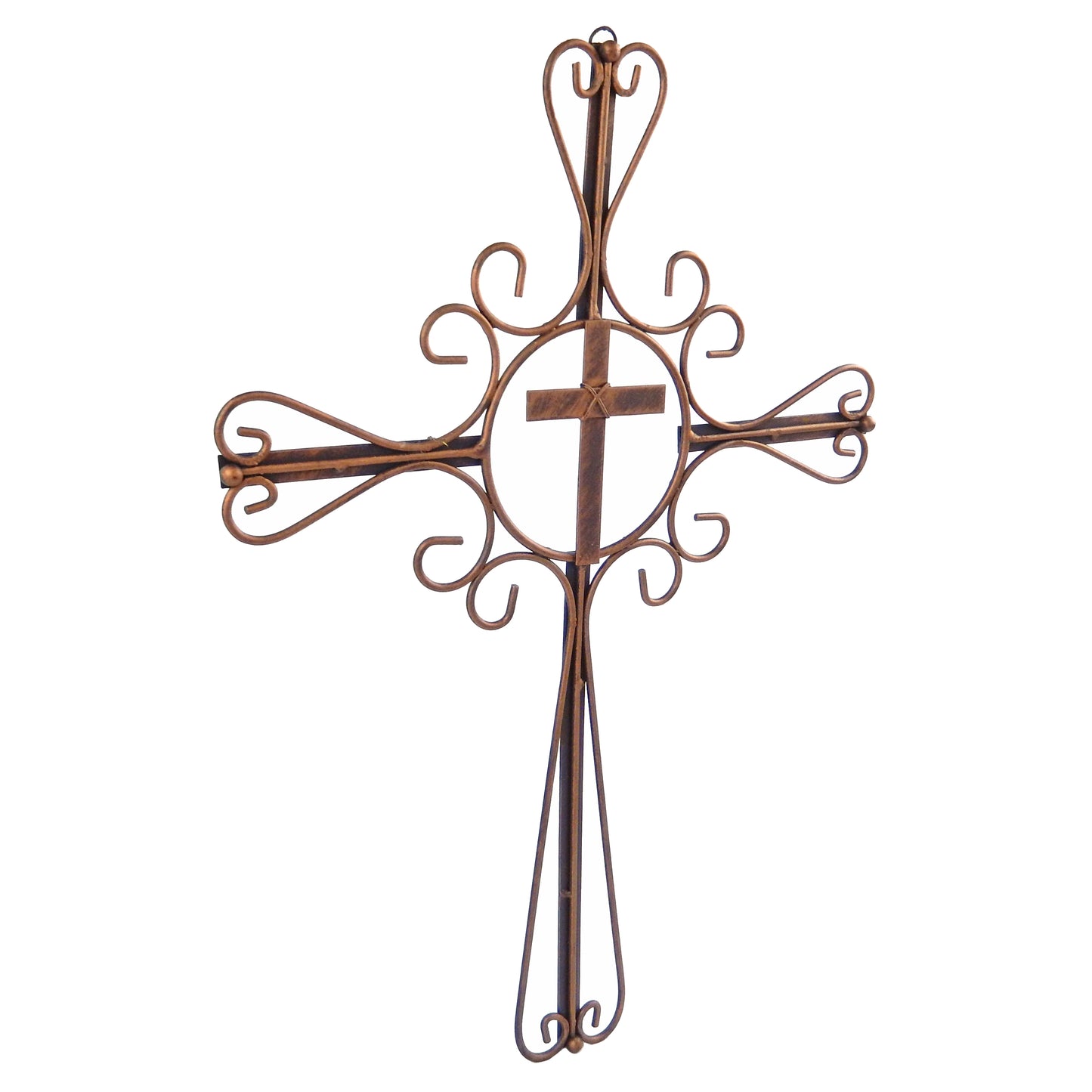Metal Scrolls Wall Cross Brushed Copper Finish Ornate Curly Design 17 1/2 inch