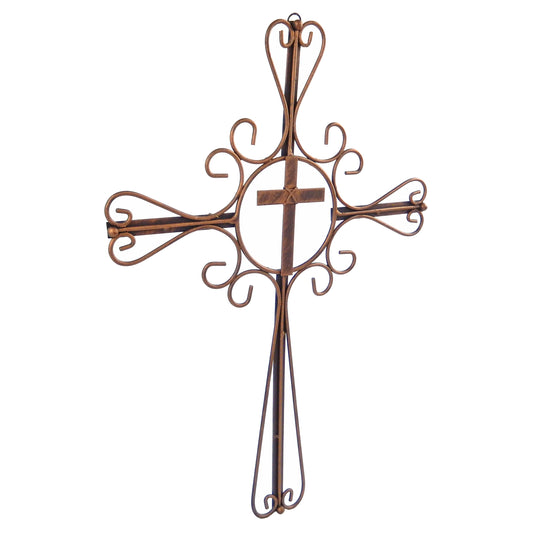 Metal Scrolls Wall Cross Brushed Copper Finish Ornate Curly Design 17 1/2 inch