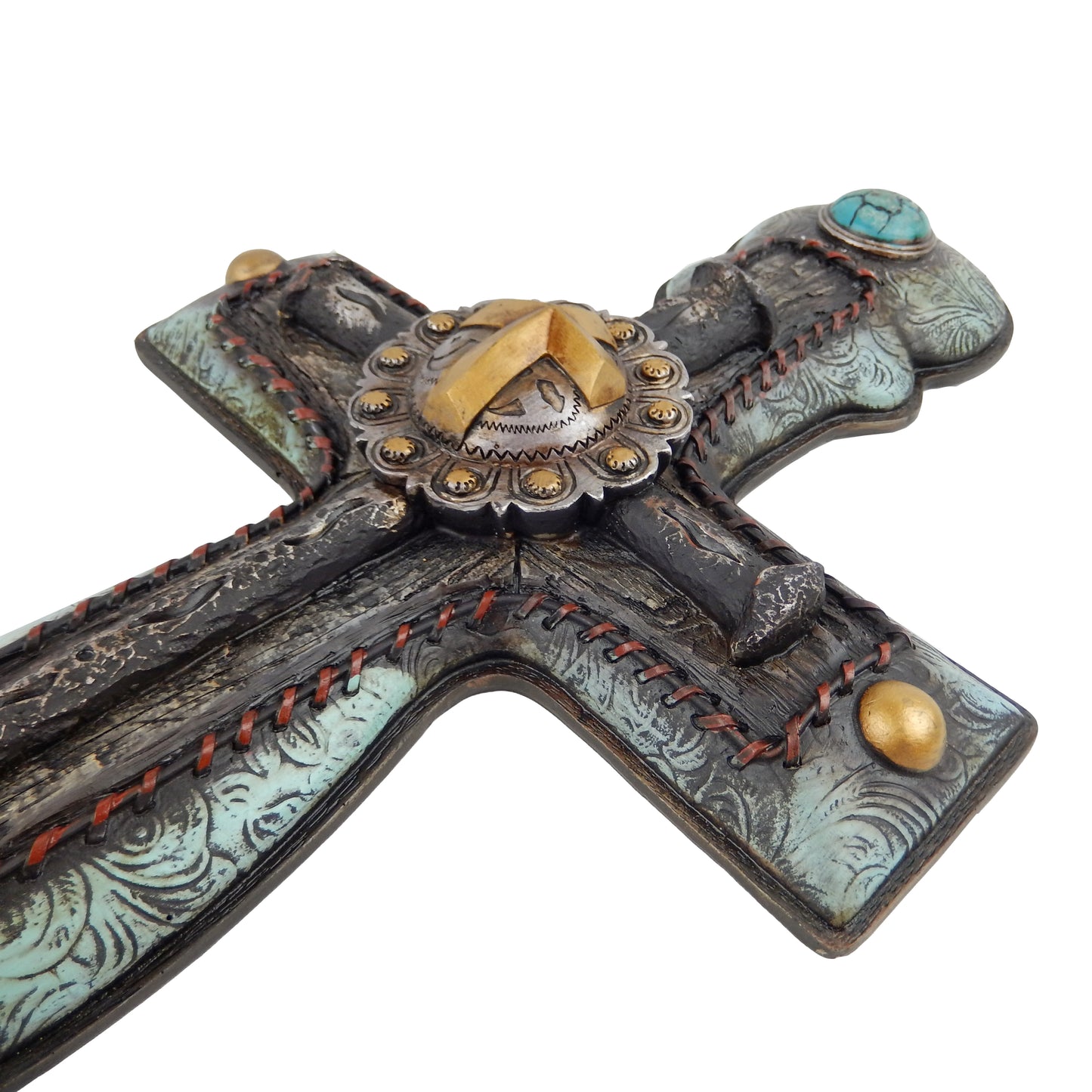 Extra Large Western Turquoise Wall Cross Concho Floral Accents Stitched Look 22 inch