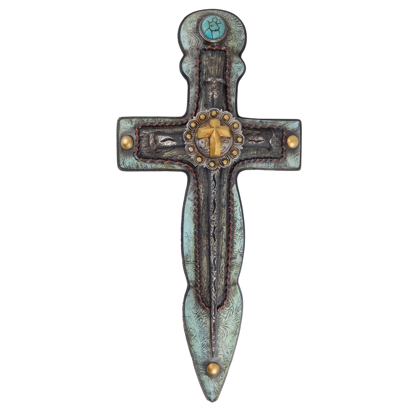 Extra Large Western Turquoise Wall Cross Concho Floral Accents Stitched Look 22 inch