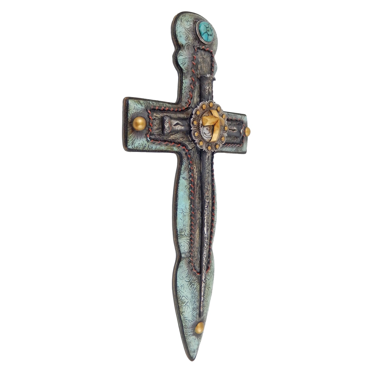 Extra Large Western Turquoise Wall Cross Concho Floral Accents Stitched Look 22 inch