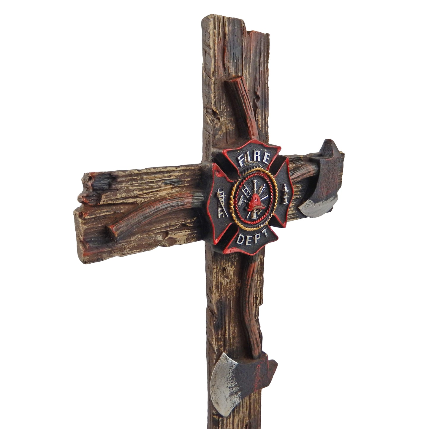 Fireman Standing Cross Axes Maltese Firefighter Wood Look Emblem 13 in Tall