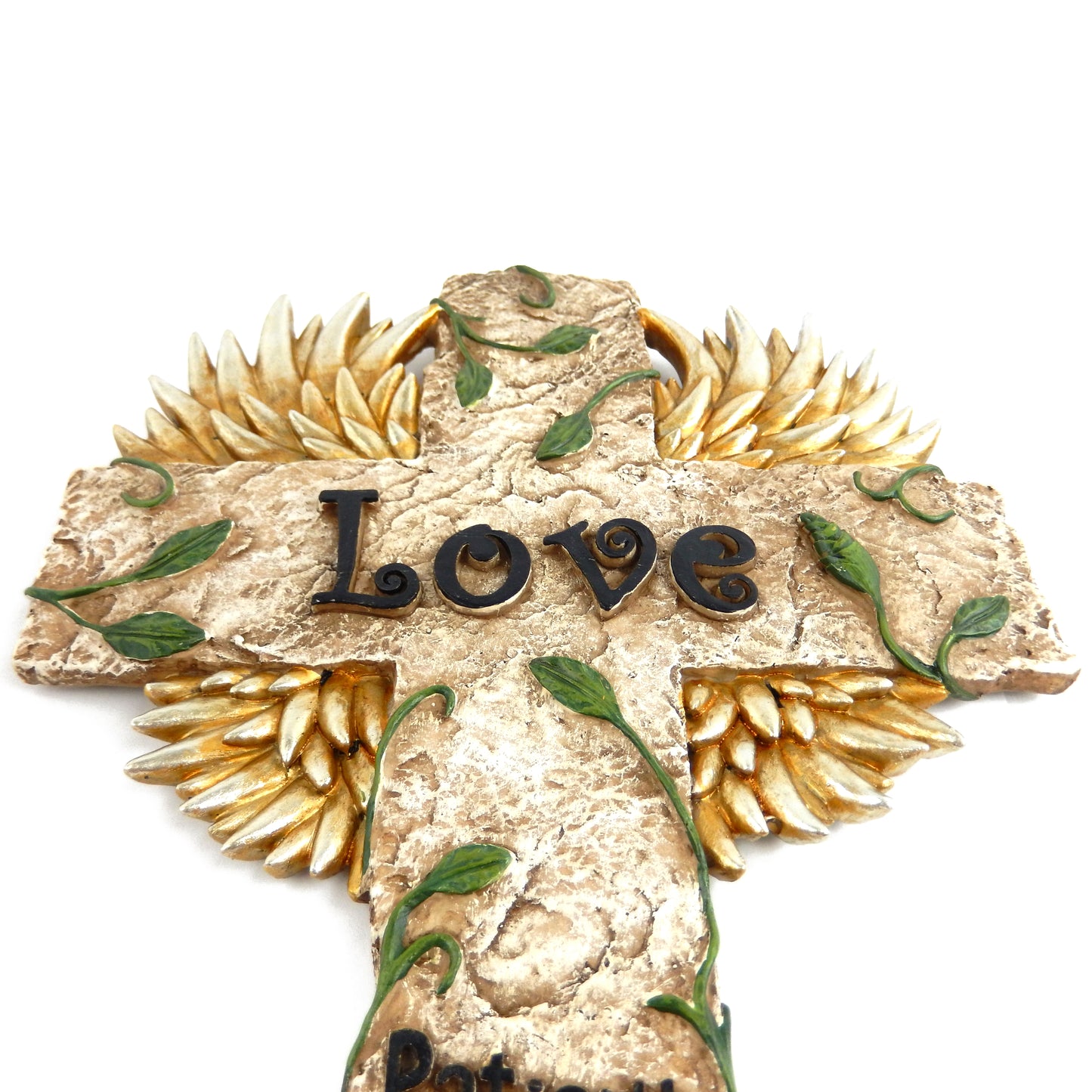 Golden Love Angel Wings Wall Cross Stone Look Leaf "Patient Kind Hopeful" 13 in