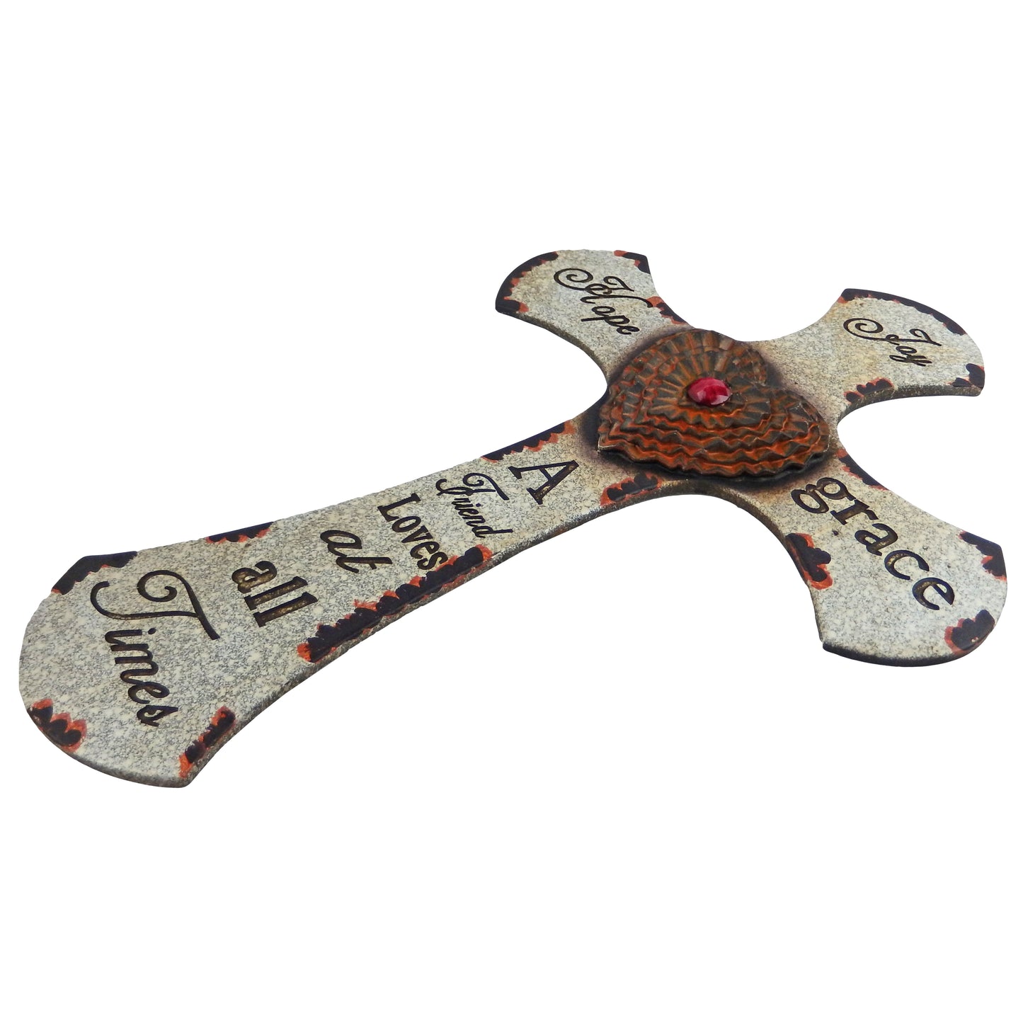 Heart With Jewel Wall Cross Engraved Stone Look Inspirational Joy Hope Grace 19 inch