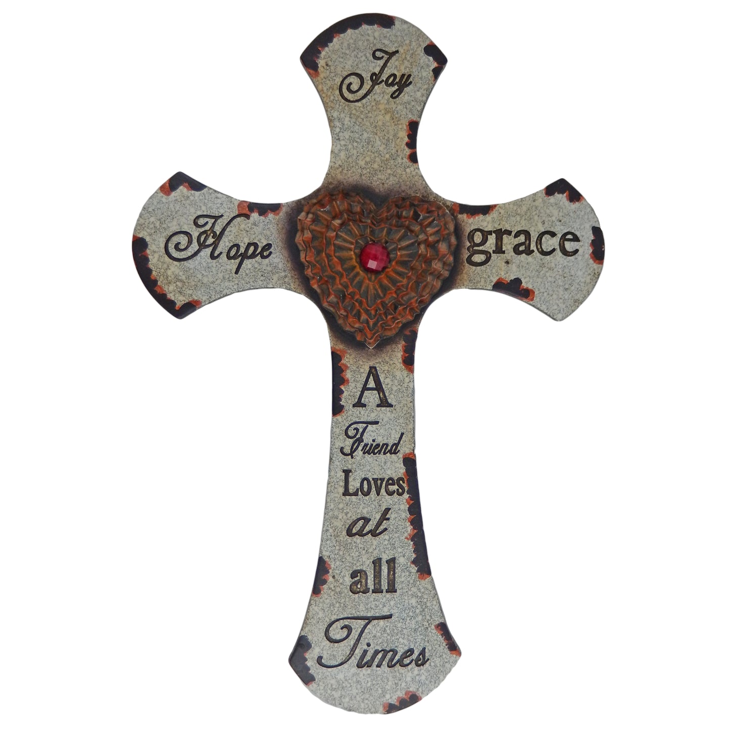 Heart With Jewel Wall Cross Engraved Stone Look Inspirational Joy Hope Grace 19 inch