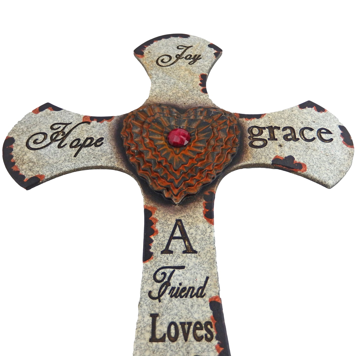 Heart With Jewel Wall Cross Engraved Stone Look Inspirational Joy Hope Grace 19 inch