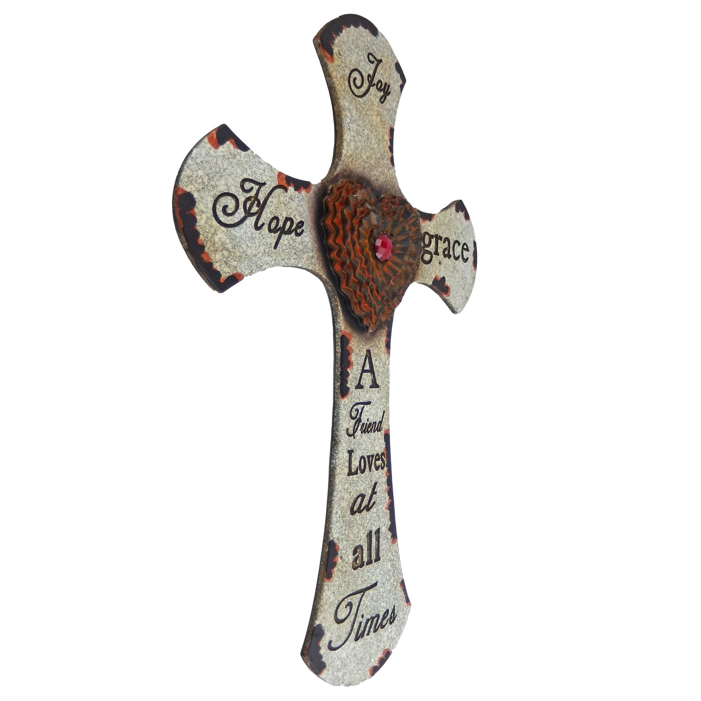 Heart With Jewel Wall Cross Engraved Stone Look Inspirational Joy Hope Grace 19 inch