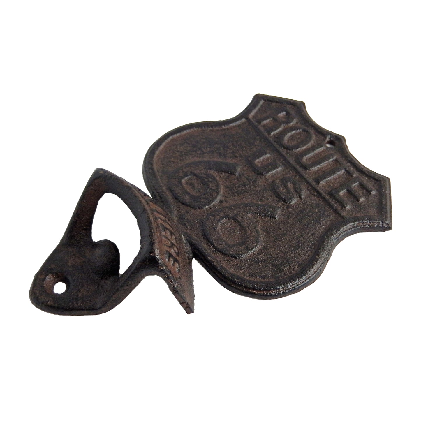 Cast Iron Historic US Route 66 Beer Soda Bottle Opener Wall Mount Antique Brown