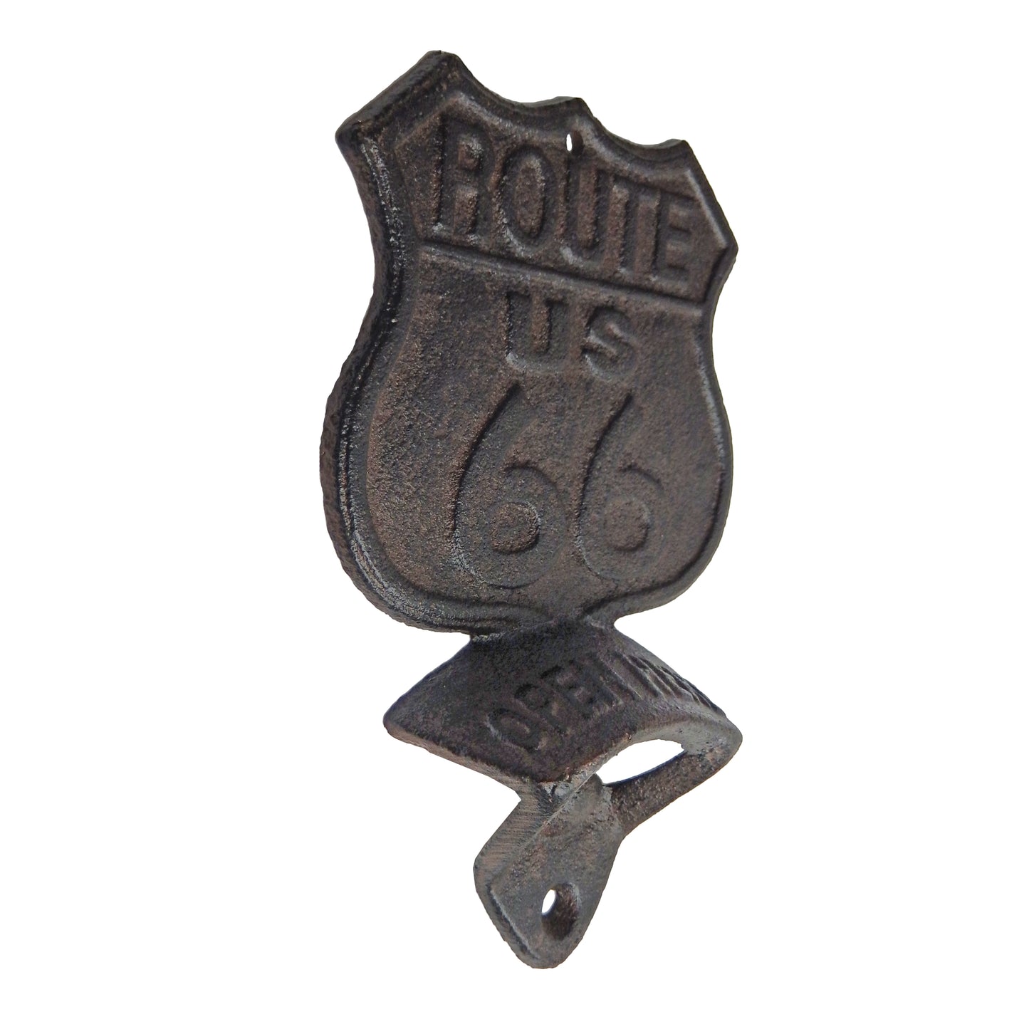 Cast Iron Historic US Route 66 Beer Soda Bottle Opener Wall Mount Antique Brown