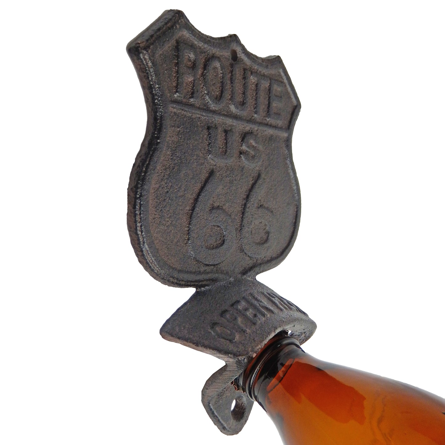 Cast Iron Historic US Route 66 Beer Soda Bottle Opener Wall Mount Antique Brown