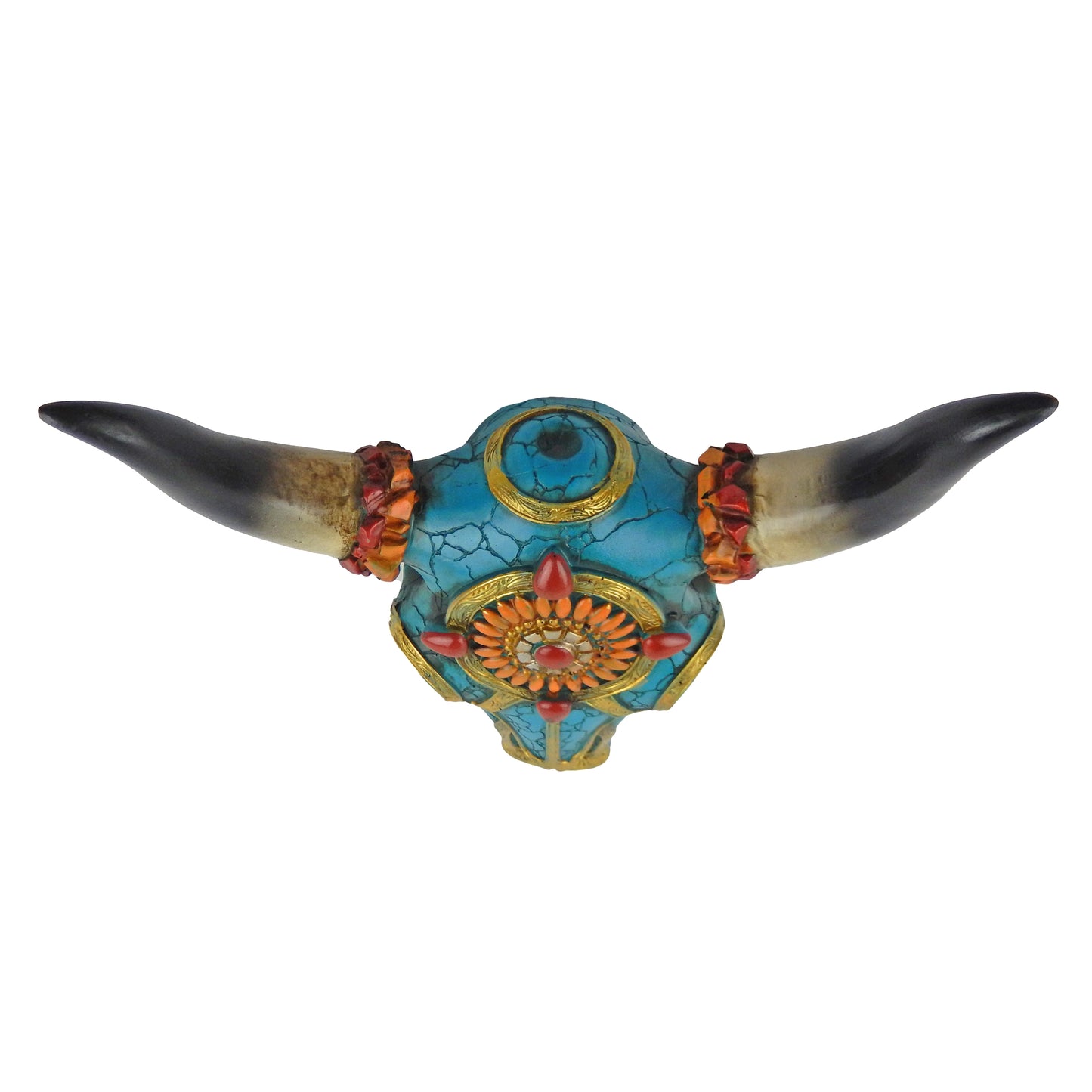 Southwestern Adorned Cow Skull Steer Head Wall Decor Turquoise Gold Accents