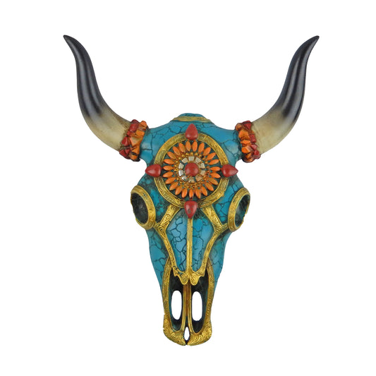 Southwestern Adorned Cow Skull Steer Head Wall Decor Turquoise Gold Accents
