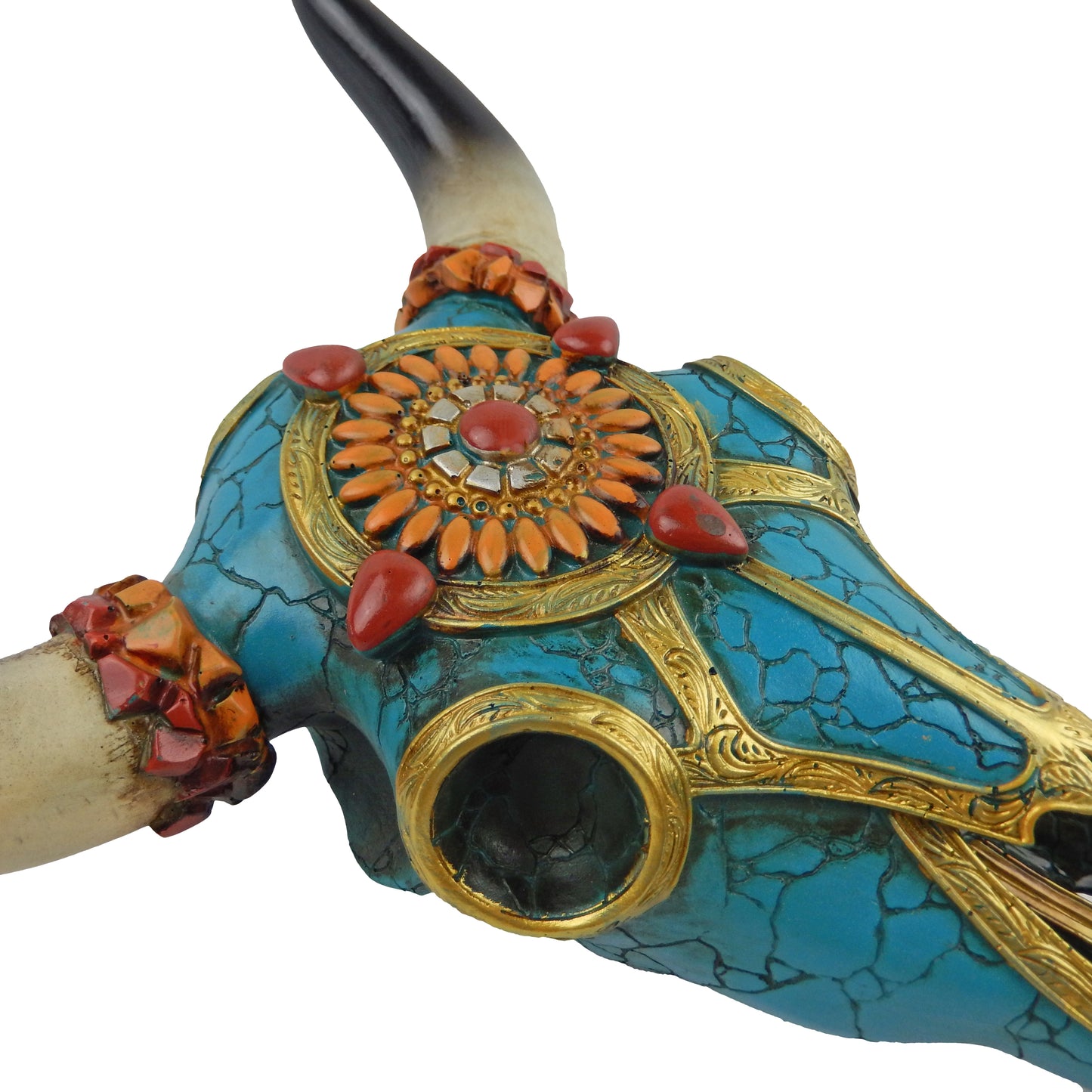 Southwestern Adorned Cow Skull Steer Head Wall Decor Turquoise Gold Accents