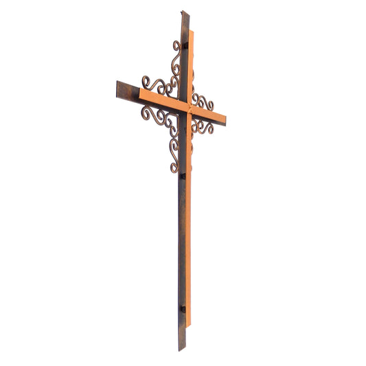 Simple Layered Metal Wall Cross Golden Finish Brushed Copper Curly Ornate Design