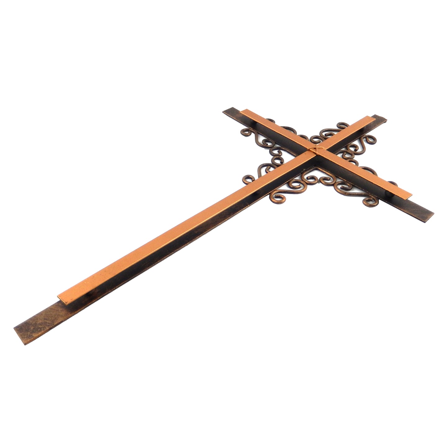 Simple Layered Metal Wall Cross Golden Finish Brushed Copper Curly Ornate Design