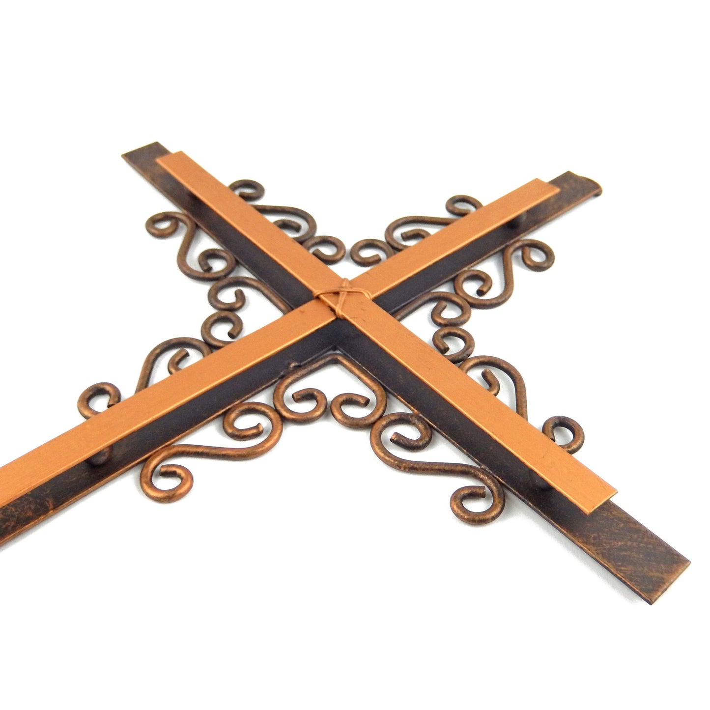 Simple Layered Metal Wall Cross Golden Finish Brushed Copper Curly Ornate Design