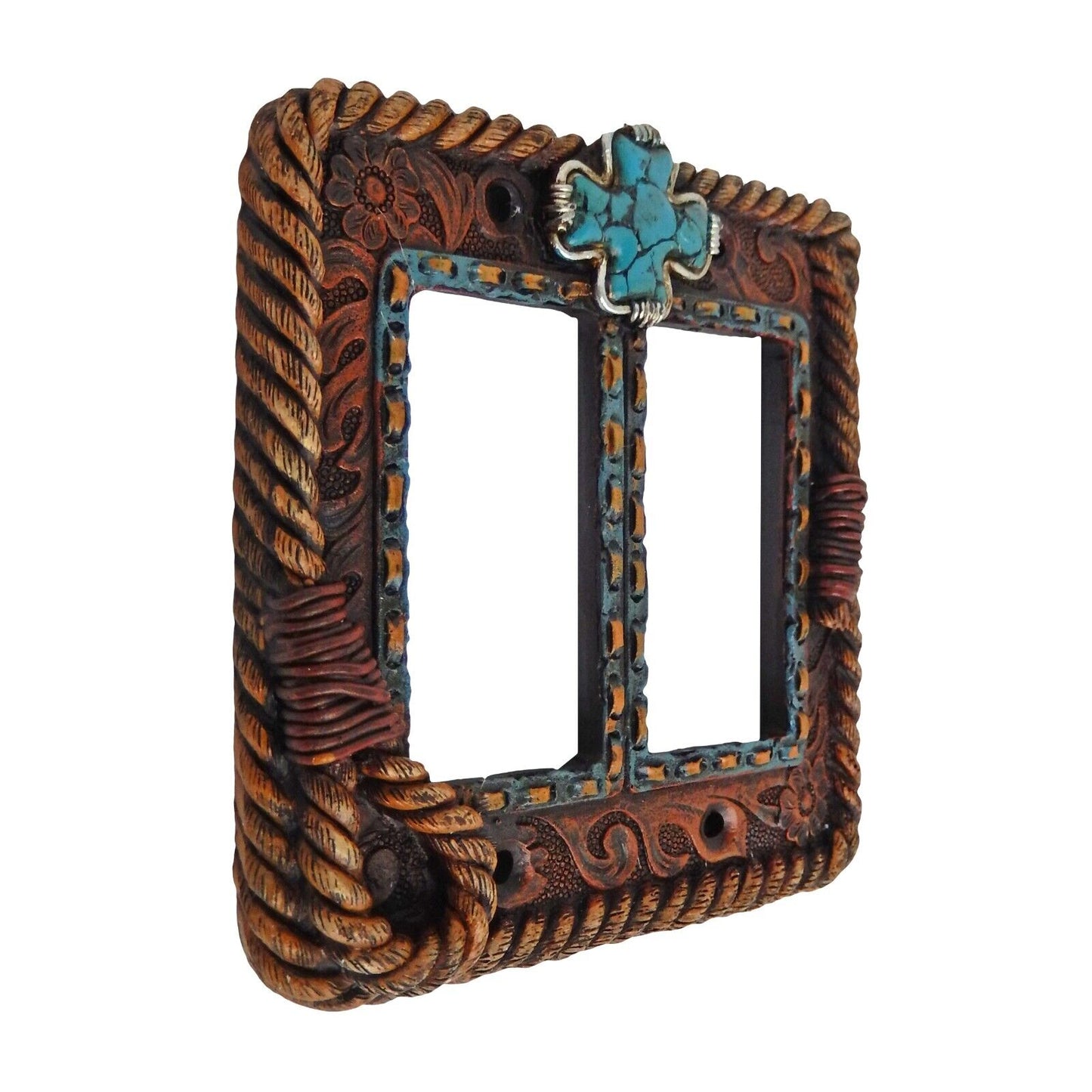 Western Floral Turquoise Cross Rope 2 Gang Wall Plate Cover Double Rocker Switch