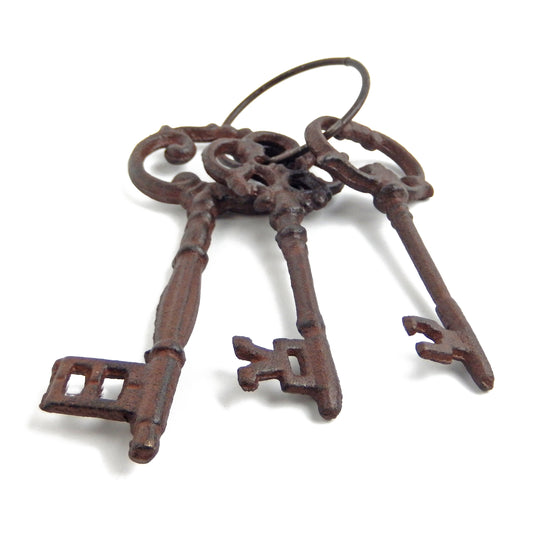 Large Cast Iron Skeleton Jail 3 Keys On Ring Rustic Western Decor Antique Brown