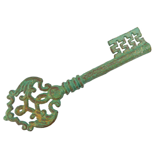Extra Large Heavy Decorative Skeleton Key Cast Iron Distressed Turquoise 15 inch