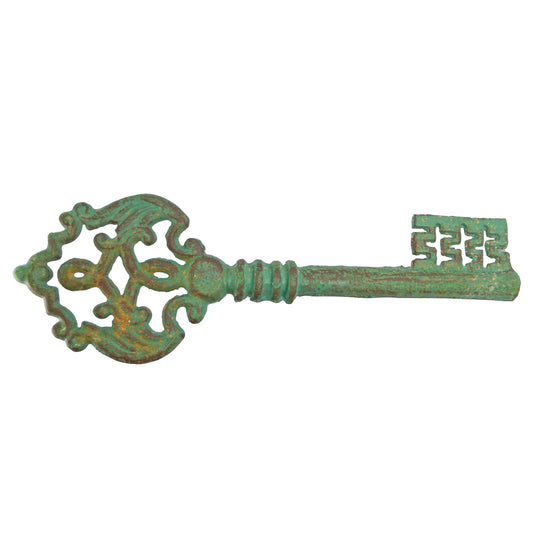 Extra Large Heavy Decorative Skeleton Key Cast Iron Distressed Turquoise 15 inch
