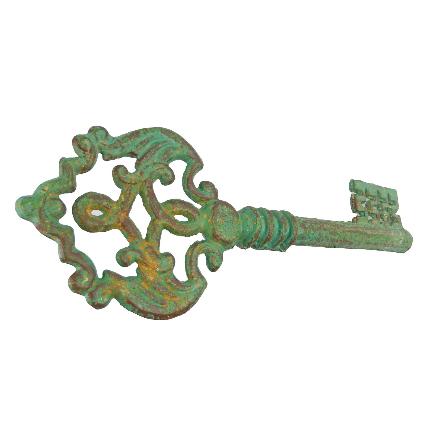 Extra Large Heavy Decorative Skeleton Key Cast Iron Distressed Turquoise 15 inch