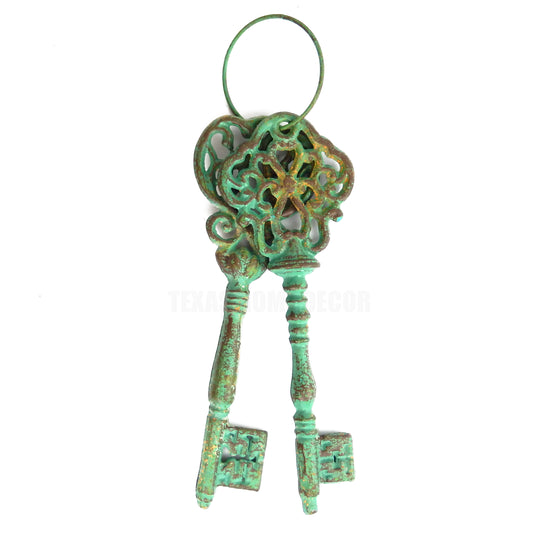 Large Cast Iron Skeleton Keys Rustic Turquoise Victorian Ornate Wall Decor 11.5 inch