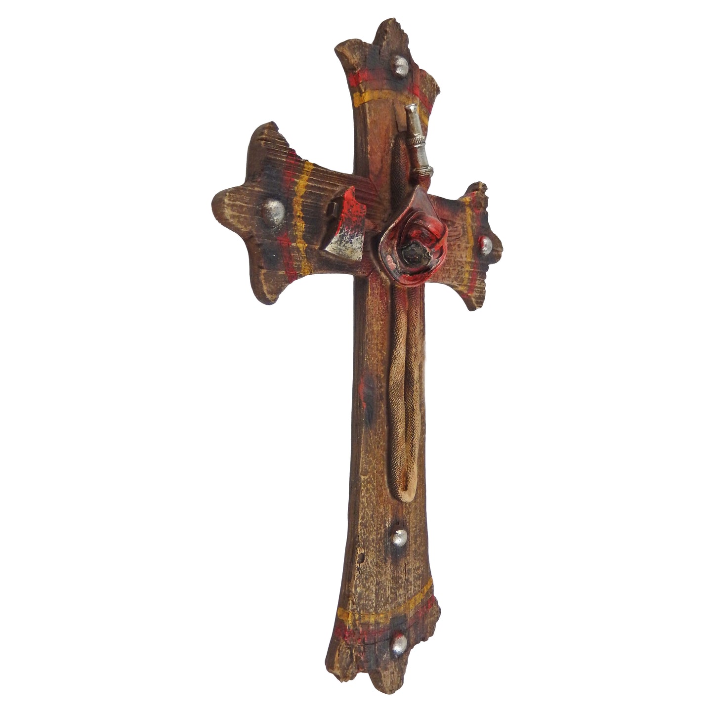 Fireman Religious Wall Cross Firefighter Helmet Fire Hose Rustic Wood Look 12 inch
